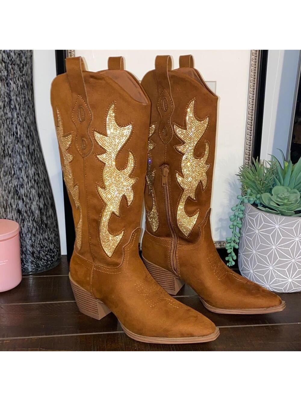 NWT!! Material Girl Brown Cowgirl Boots with Gold Accents Size 6.5